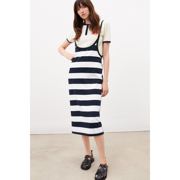 ZARA overalls Midi Dress‎ Womens Small Navy Blue & White Stripes - Picture 1 of 7